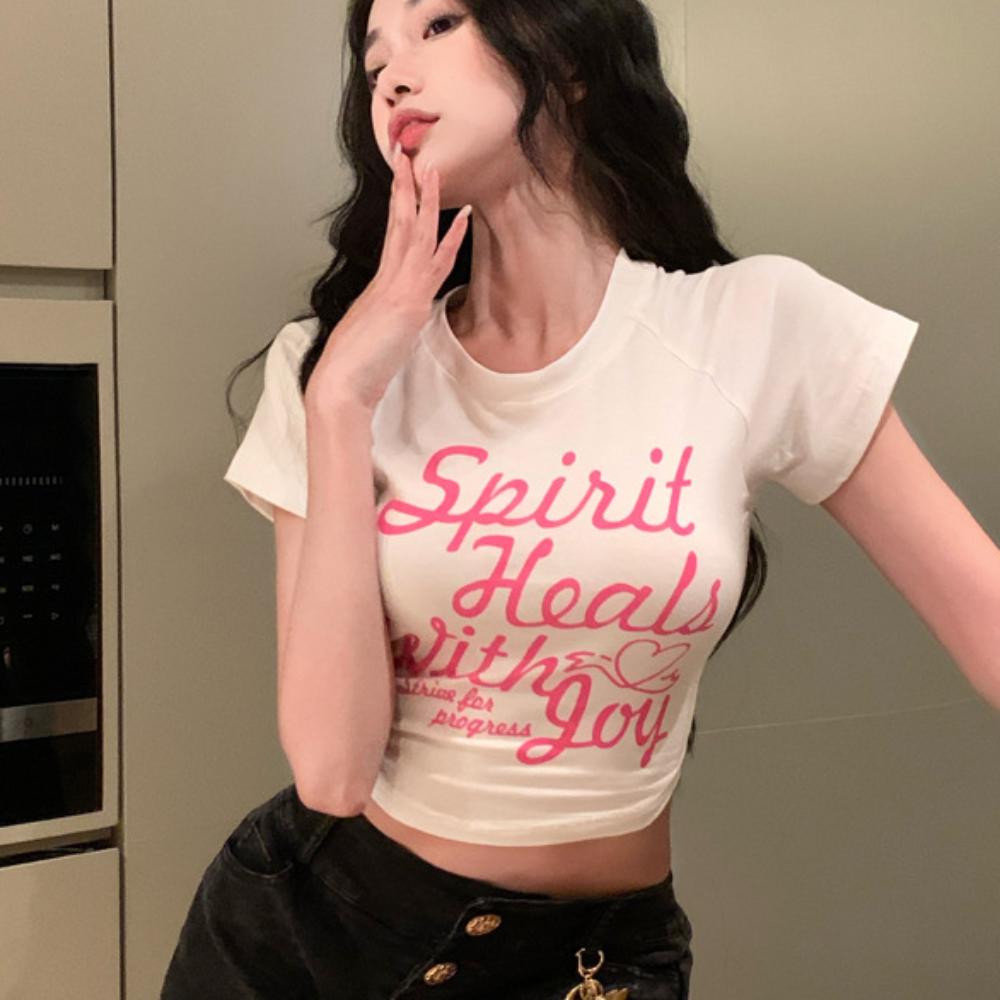 

T Shirt Printted Tank Top Round Neck Y2K Letter Crop Tops Sweet Girl