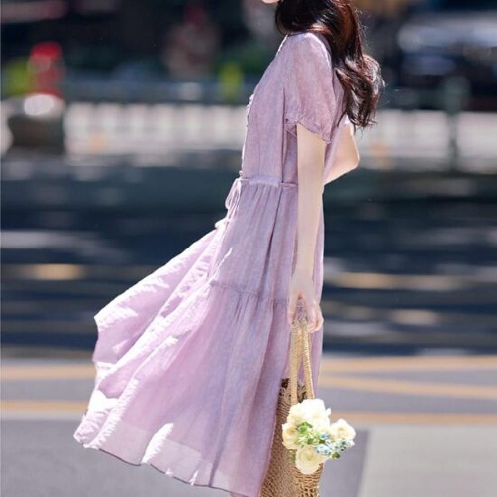 NaVaVa Women LoVely Waist Tie Thin Shirring V Neck Short sleeVe Dress No969