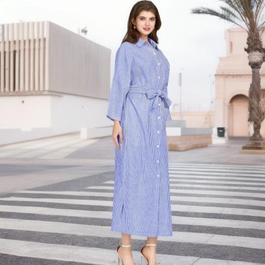 

Весенне-осеннее женское платье больших размеров, полосатая прямая юбка, платье-рубашка с поясом, свободные платья с рукавами три четверти 2XL синий