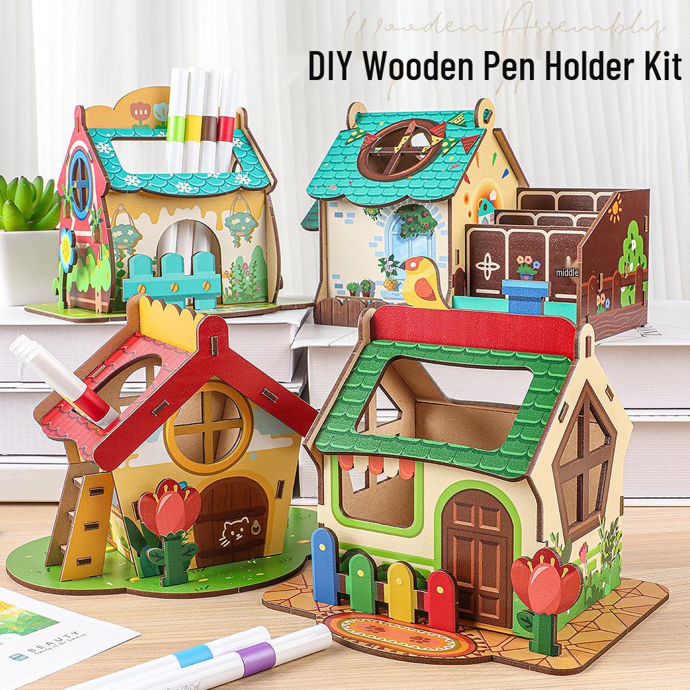 3D Cartoon Wooden House Puzzle & Pen Holder - DIY Desk Storage Gift