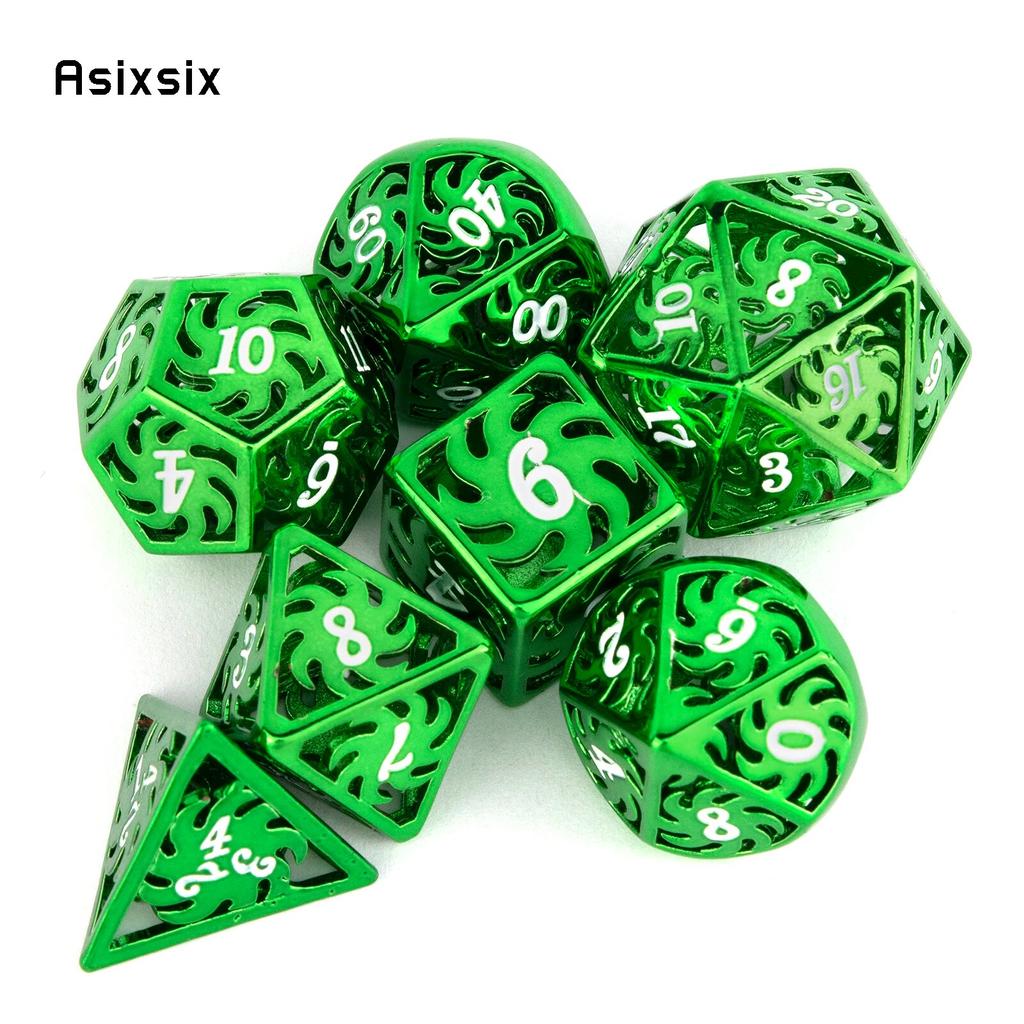 7 Pcs Green White Rotary Windmill Metal Dice Hollow Metal Polyhedral Dice Suitable for Role-Playing RPG Board Game Card Game