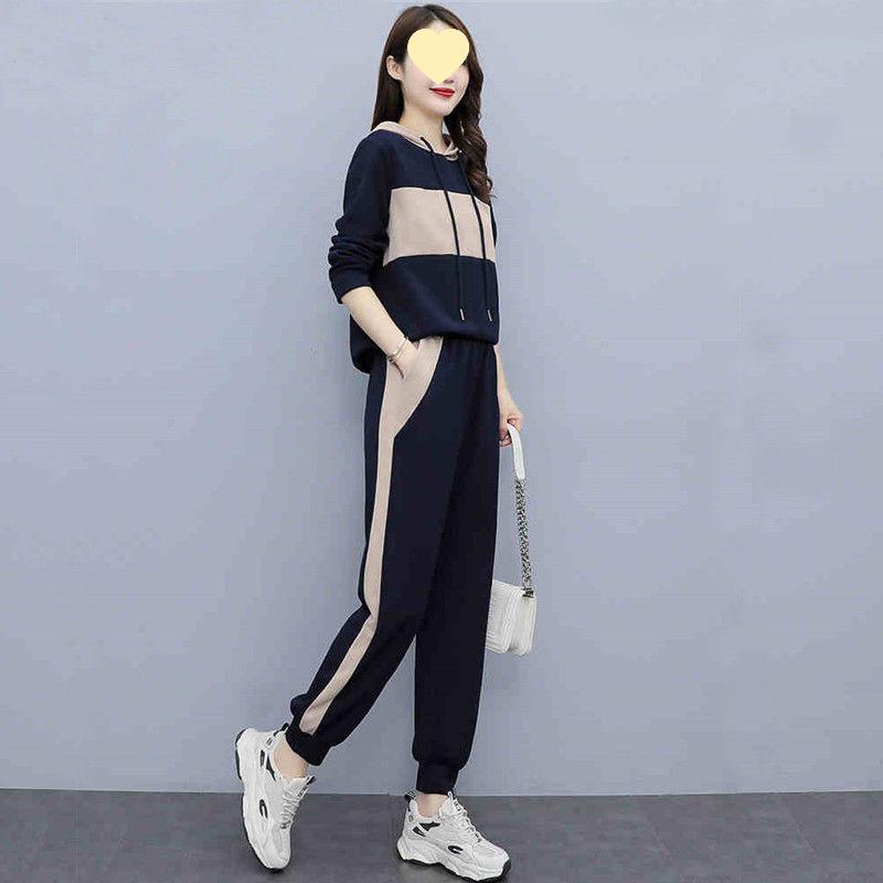 

Женский модный осенний спортивный костюм облегающего кроя: Брюки-джоггеры гаремы и толстовка с капюшоном 2025 M (for 80-100 jin) темно-синий