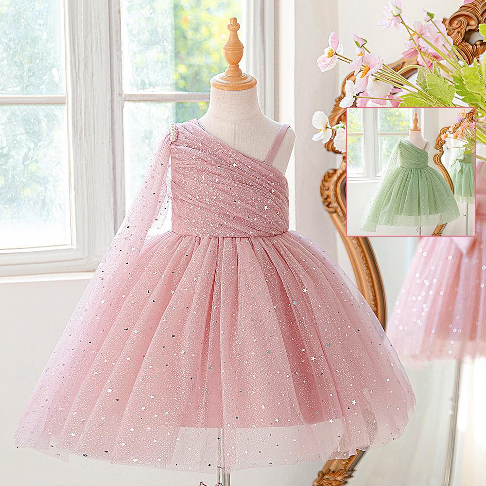 European & American One-Shoulder Sequin Princess Dress for Kids - Evening Mesh Puffy Skirt