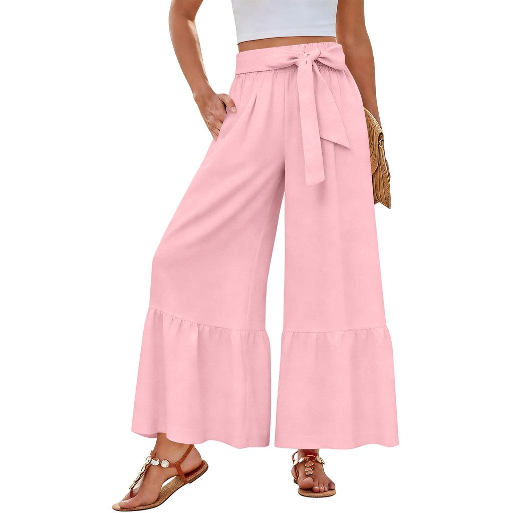 Women's Wide-Leg Casual Pants With Drawstring, Stretch, High Waist, Ruffled Hem, Wide Legs, Belted, And Pockets