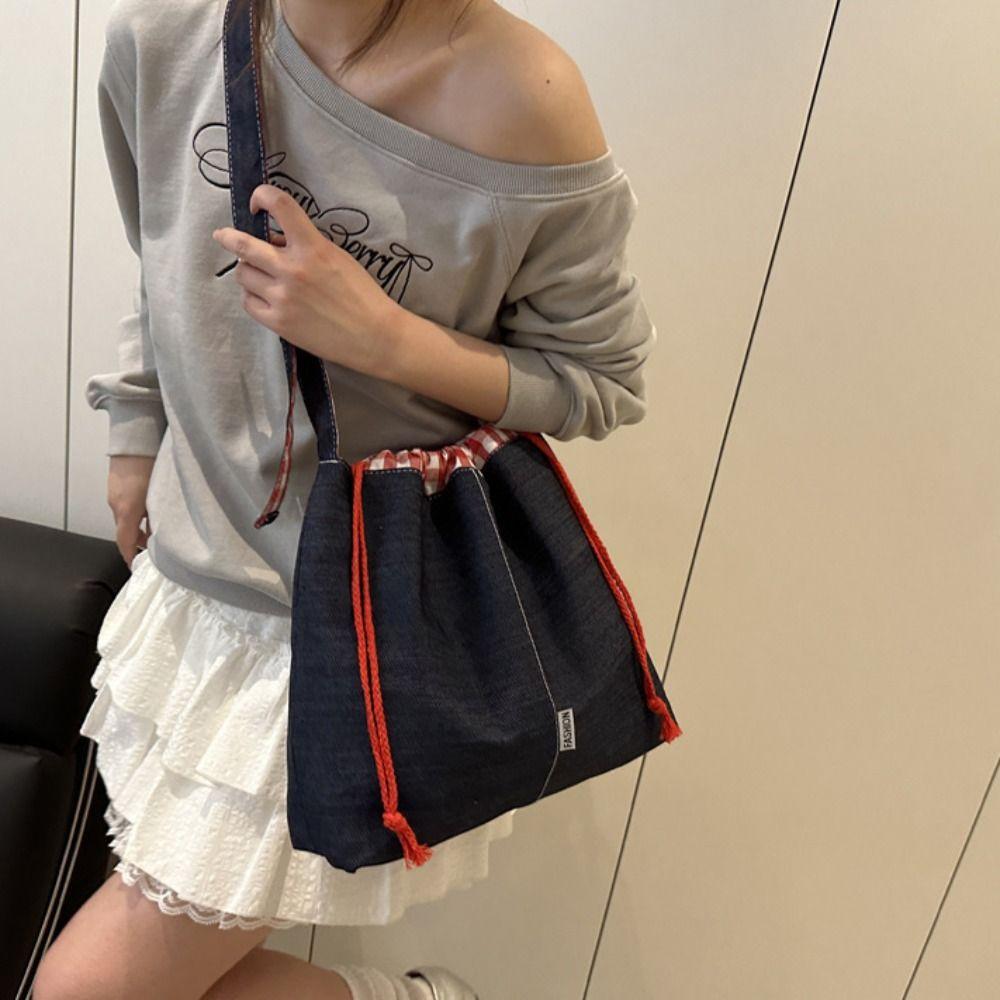 Retro Drawstring Bucket Bag Korean Style Tote Bag Vintage Denim Canvas Bag  Women
