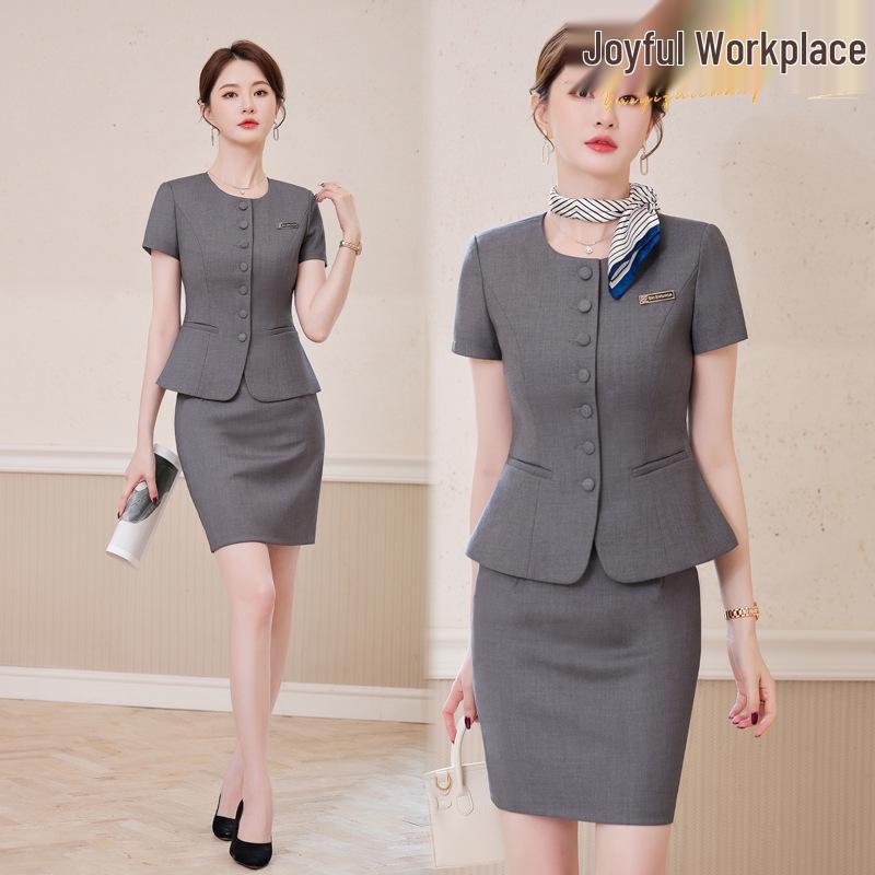 

Women s Summer Short Sleeve Formal Two-Piece Suit with Ruffle Trim - Slimming Workwear for Education Institution Receptionists M