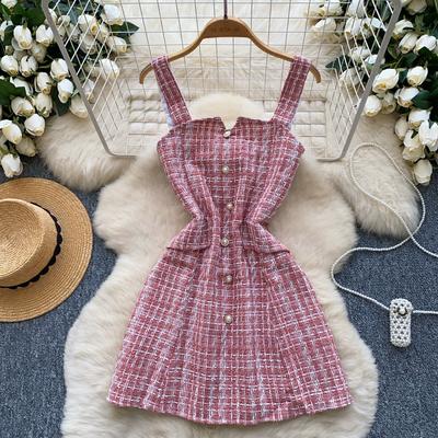 Autumn Spring Women Casual Single Breasted Spaghetti Strap Plaid Tweed Mini Short Dresses for Student Girl