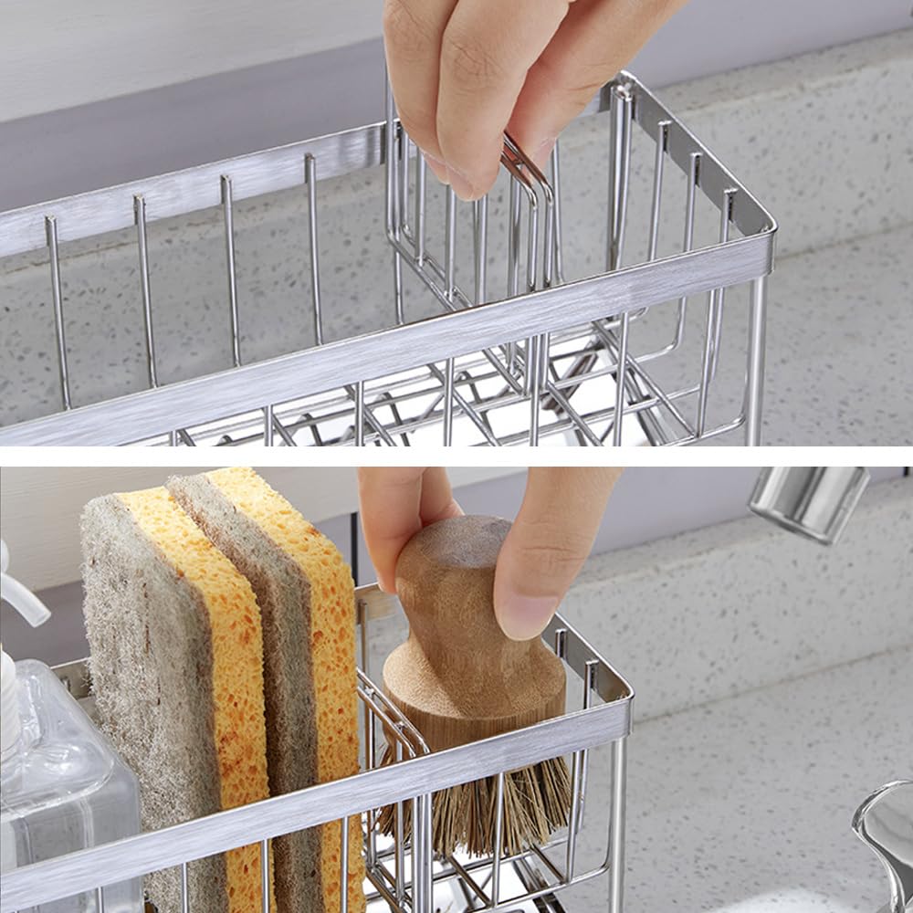 SUGGEST Sponge Rack with Water Flowing Diagonal Tray Stainless Steel with Dividers Sponge Holder Sponge Rack Detergent Rack Sponge Holder Kitchen Sink