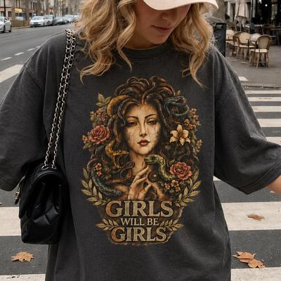 Vintage Medusa Girls Will Be Girls Graphic Tee , Cotton Crew Neck T-Shirt