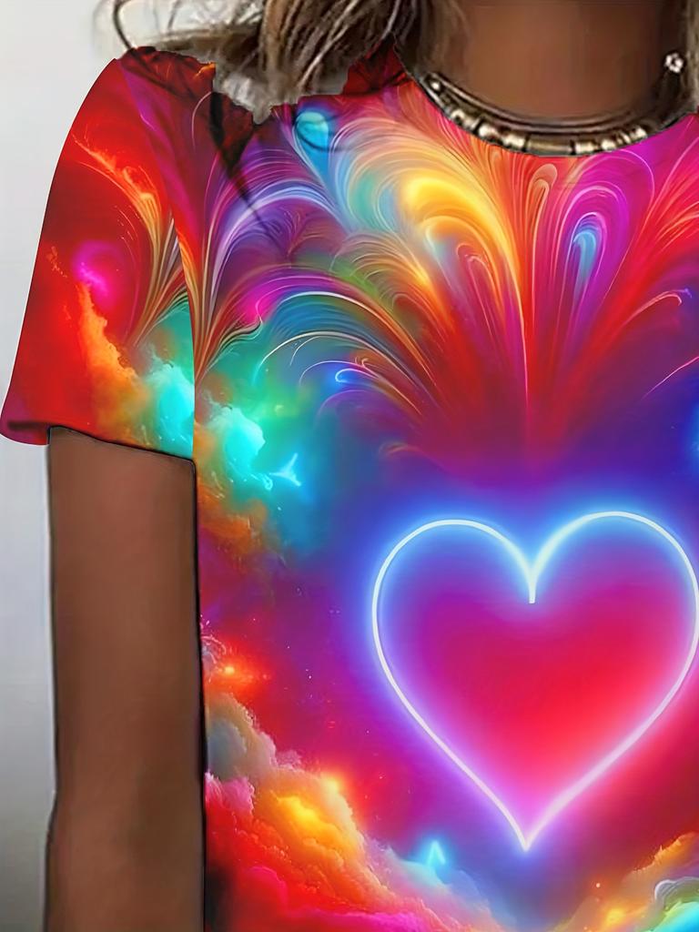 Women's Neon Glow-in-the-Dark 3D Printed T-Shirt - Rainbow Multicolor Heart and Cloud Design