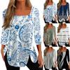 Womens Top Loose Casual Square Neck Button Print Three Quarter Sleeve T-Shirt Top