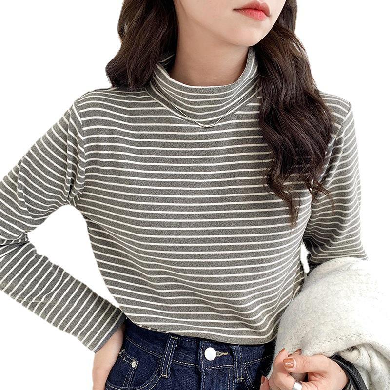Women's Striped Half-High Neck Base Layer Top - Cozy Autumn/Winter Korean Style Innerwear