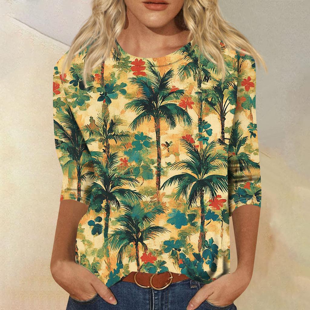 Módní vintage top s 3/4 rukávem pro ženy, dámská ležérní halenka s tříčtvrtečním rukávem a kulatým výstřihem s potiskem