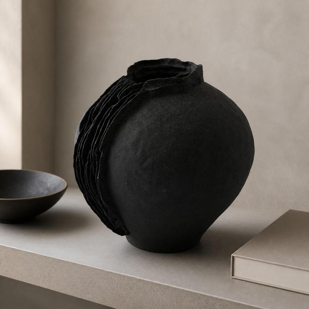 Handmade Matte Black Ceramic Vase Modern Freestanding Flower Hand-Formed
