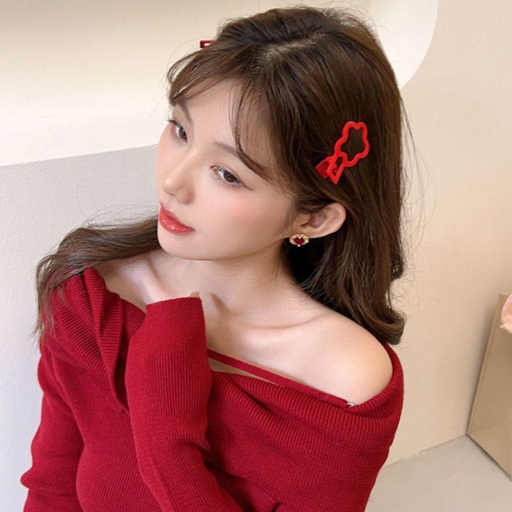 Red New Year's Red Hair Clip Chinese Style Matte Snap Hair Clips Red Rhinestone Hairpin  Girl