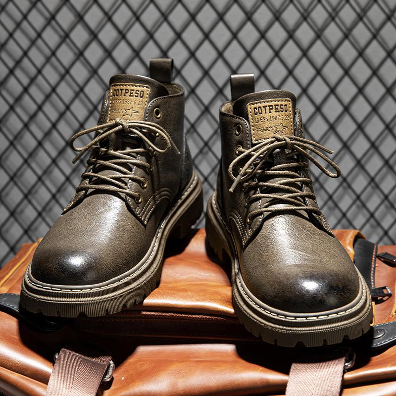 Fashion Round Toe Side Zipper Punk Boots British Style Mens High Top Shoes New Arrival Motorcycle Boots Simple Leather Ankle Boots Botas