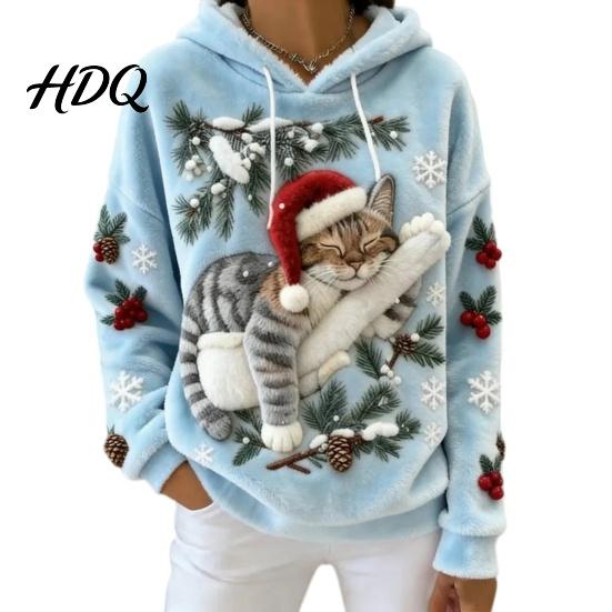 Christmas Cat Print Hoodie Women Hoodie Oversized Long Sleeve Pullover Sweatshirt Daily Wear Sweatshirt Casual Loose Drawstring Hooded Top