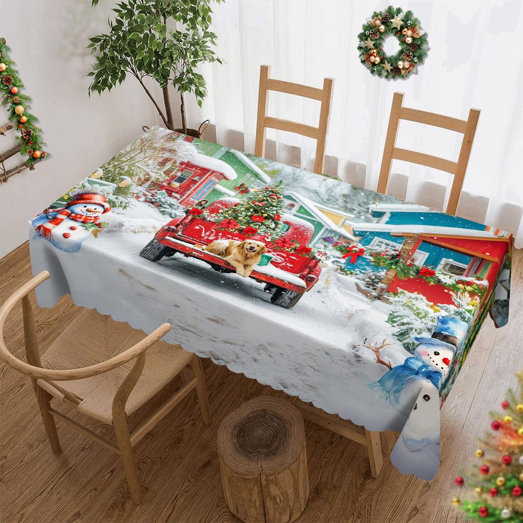 1 Piece Christmas-Themed Tablecloth, Multiple Sizes, Cute Truck And Puppy Pattern Decorative Tablecloth, Printed Tablecloth, Christmas Party Gathering