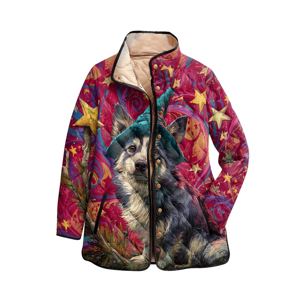 Dámský vánoční potisk s vysokým límcem polstrovaný bavlněný kabát s dlouhým rukávem a zapínáním na knoflíky