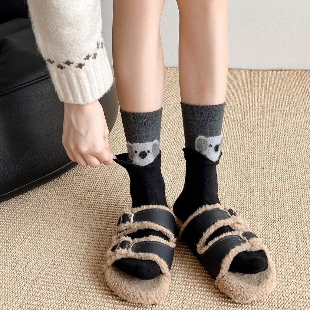 Ladies Autumn Winter Cotton Color Matching Cute Cartoon Tube Pile Socks