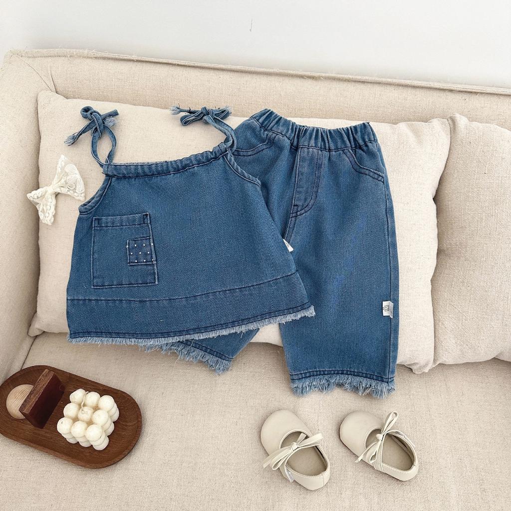 Children'S Clothing Girls' Denim Suit Spring Clothing Baby Foreign Fashionable Loose Suspender Top Wide Leg Pants
