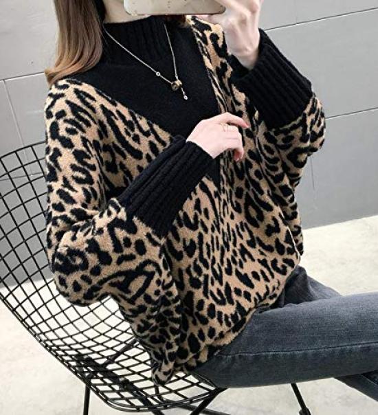 QYY Knit Loose Leopard High Dolman Fashionable Top for and Winter Women's Sweater, Fit, Pullover, Print, Neck, Sleeves, Spring, Autumn, (Black V-Neck)