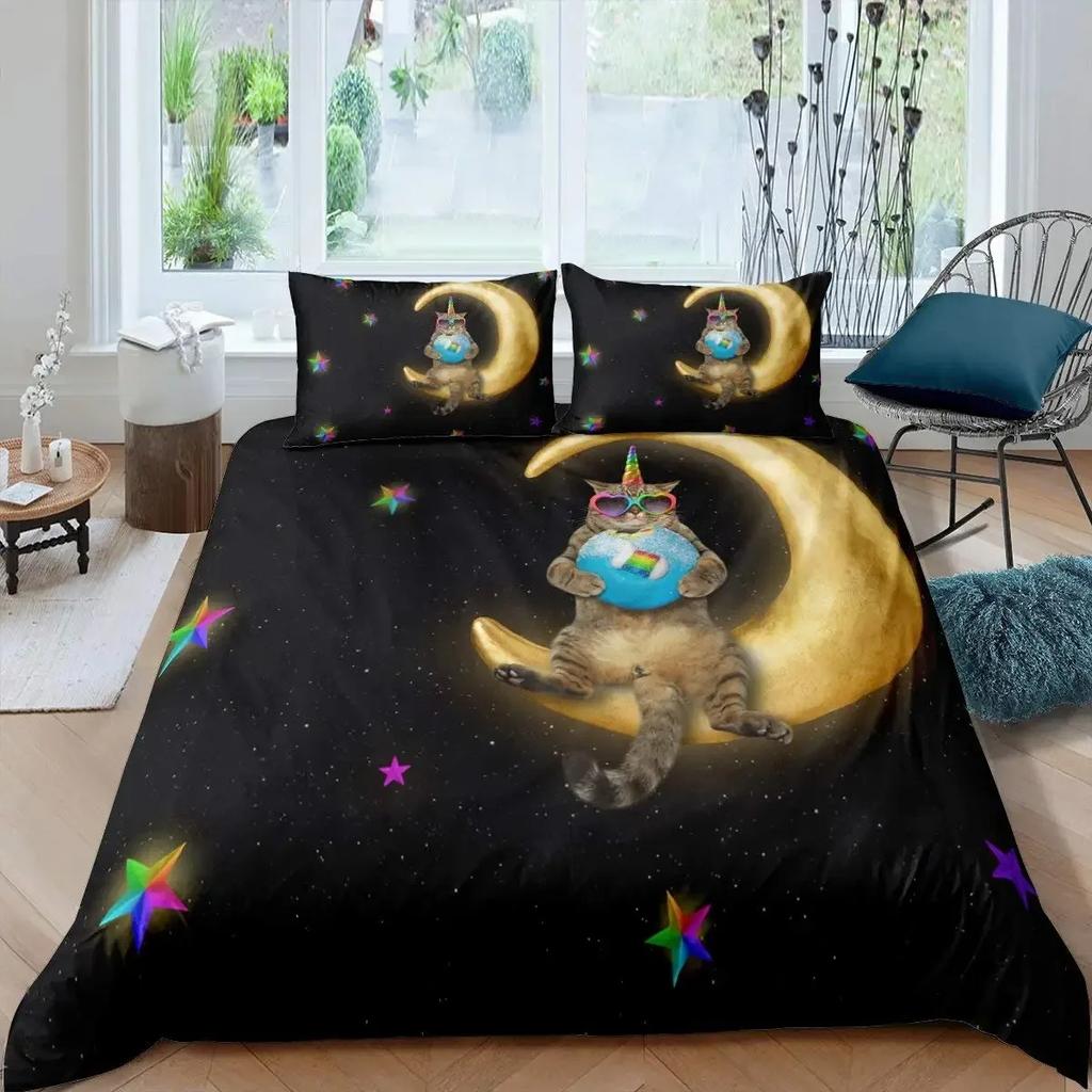 Galaxy Cat Duvet Cover Set Girls 3D Digital Cat Bedding Set Galaxy Colorful Cat Starry Sky Comforter Cover Lover Quilt Cover