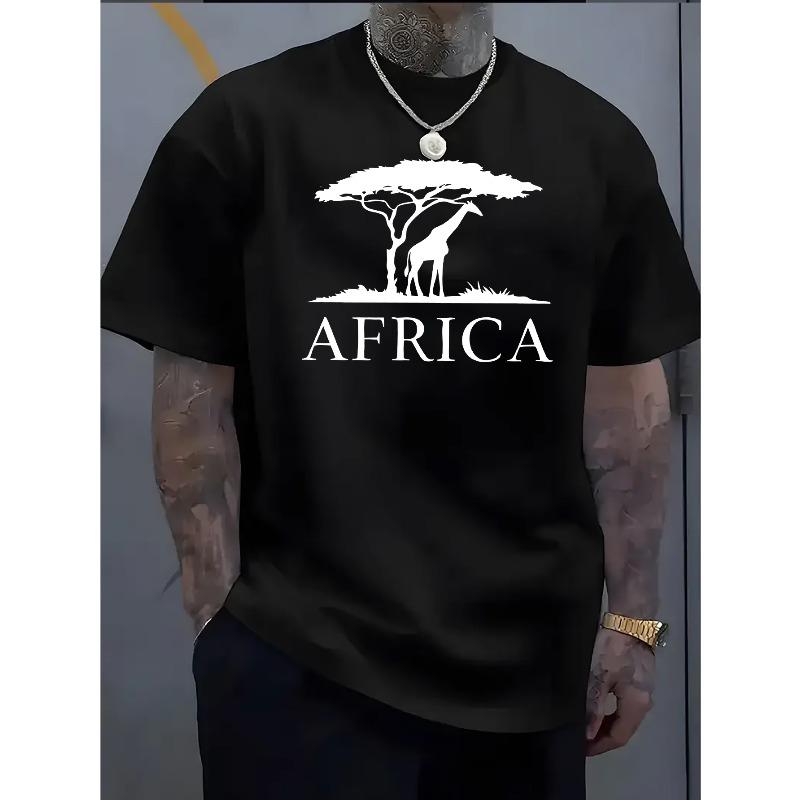 

Мужская футболка с коротким рукавом европейского размера A, с дизайном в стиле винтажного африканского приключения! С принтом в виде силуэтов жирафа и дерева S чёрный