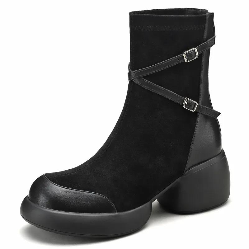 

Эластичные женские ботильоны на толстом каблуке в стиле ретро, осенне-зимние новые короткие ботинки из коровьей замши, Zapatos Tacon Bajo Mujeres Elegante 39