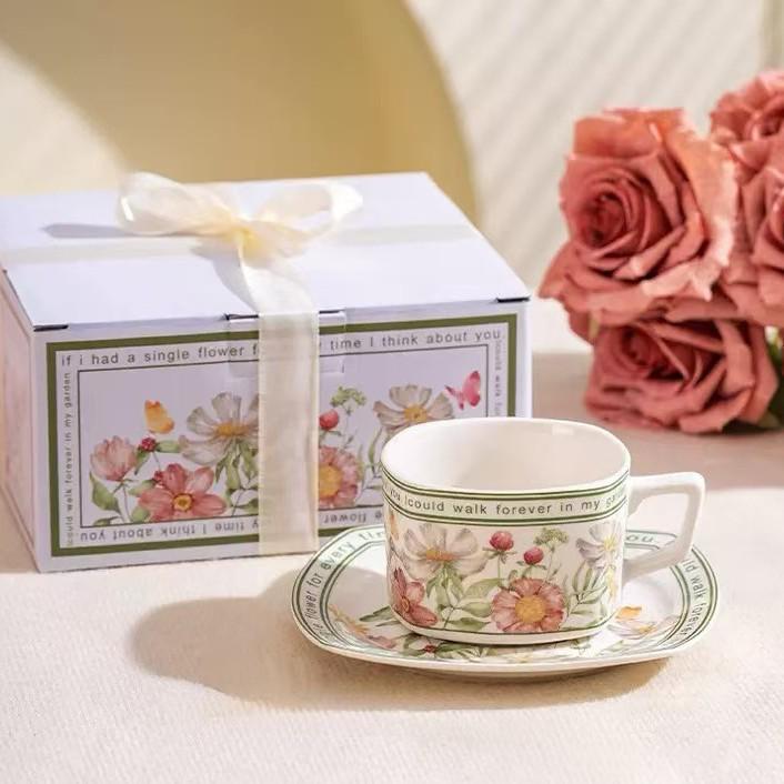 Exquisite Retro Floral Black & White Coffee Cup Set - Luxury Summer Gift Box