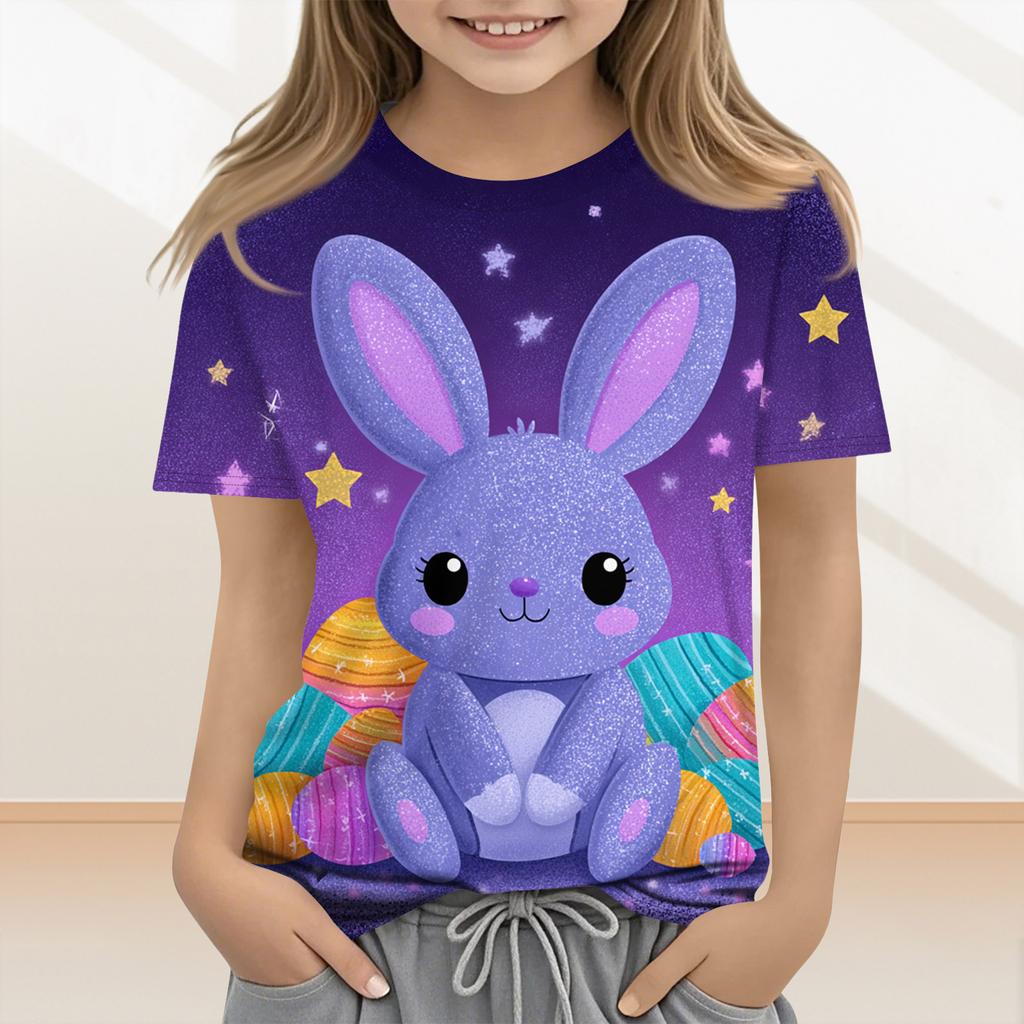 Lässige und modische Osterkleidung für Kinder, mit Hasen, Ostereiern und bedruckten kurzärmeligen Oberteilen und T-Shirts.