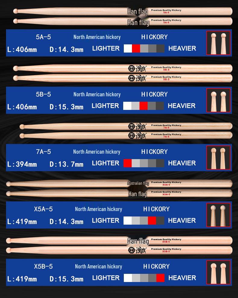 Hanqi Drumsticks Set: Drumsticks for Drum Set & Snare Drum, Small Round-Headed 5A, 7A, 5B, X5A, X5B