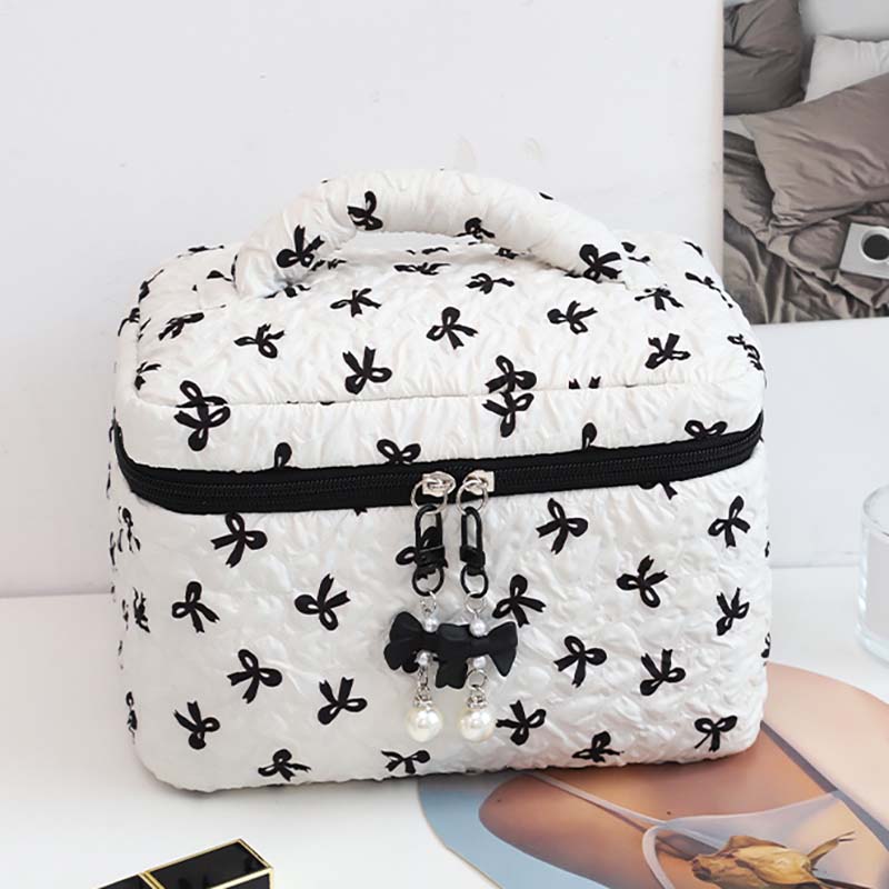 WTEMPO Elegant Bow Printed Makeup Bags Large Capacity High-end Women's Nail Care Handbags Travel Cosmetics Storage Bags Double Head Zipper Purses