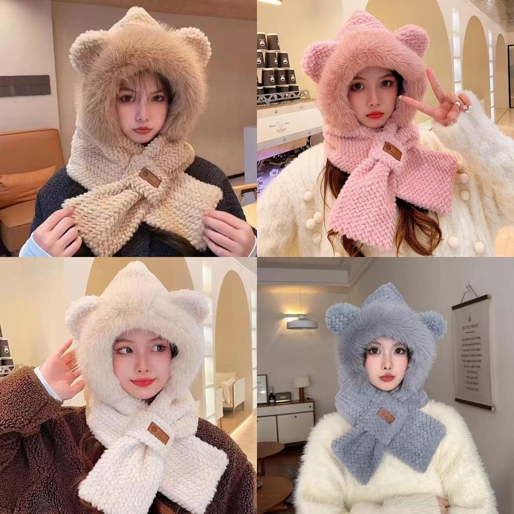 Winter Cute Bear Plush Hat Scarf Gloves Set With Windproof Warmth For Women
