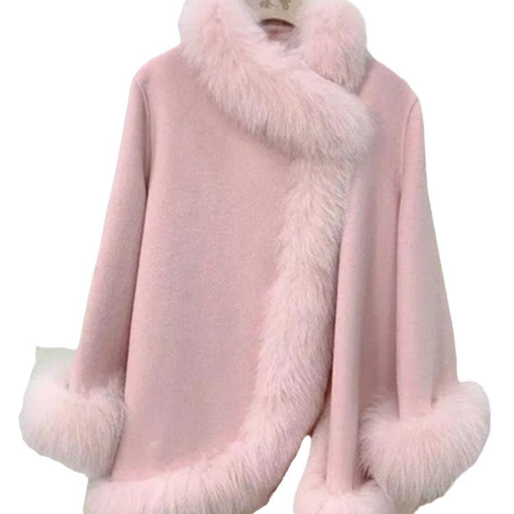 Winter Chinese Celebrity Style Imitation Fox Fur Medium And Long Coat Women'S Wool Cloak Thickened Coat
