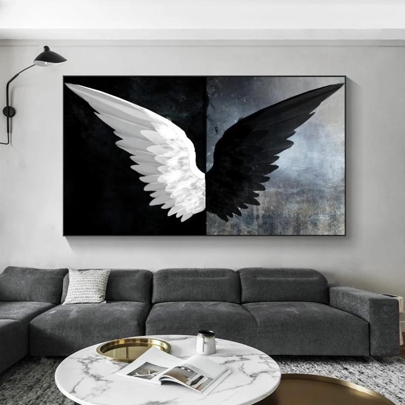 Black and White Angel Wings Canvas Art Canvas Painting Cuadros Poster Print Wall Art for Living Room Home Decor (No Frame)
