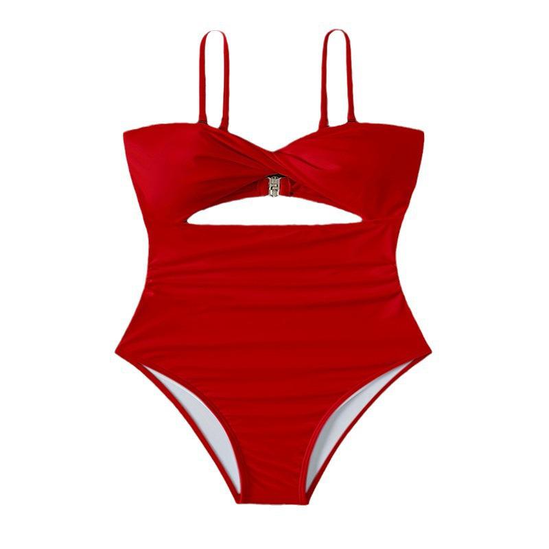 2024 Multicolor Strappy One-Piece Swimsuit: Women's Tummy Control Triangle Bikini with Hollow Out Design for Hot Spring Swimwear.