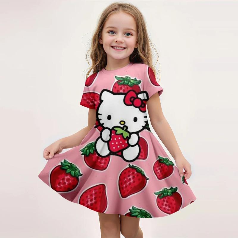 Popula Children's New Fashion Kawaii Girl Dress Cartoon Cute Hello Kitty 3D Printed Princess Dress Short Dress