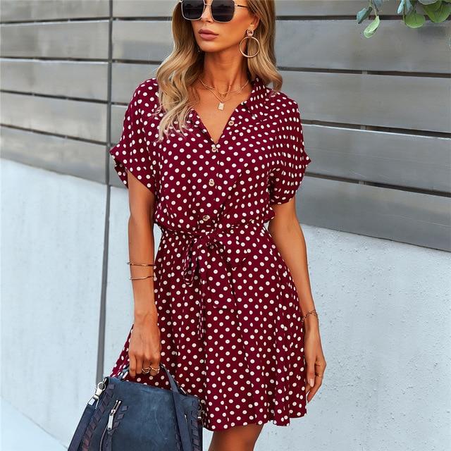 Šaty Office Lady Boho Vzor Bodky Dámske Oblečenie Čierne Viskózové Mašľa Outfity Voľné Mäkké Ležérne Šaty XL červená