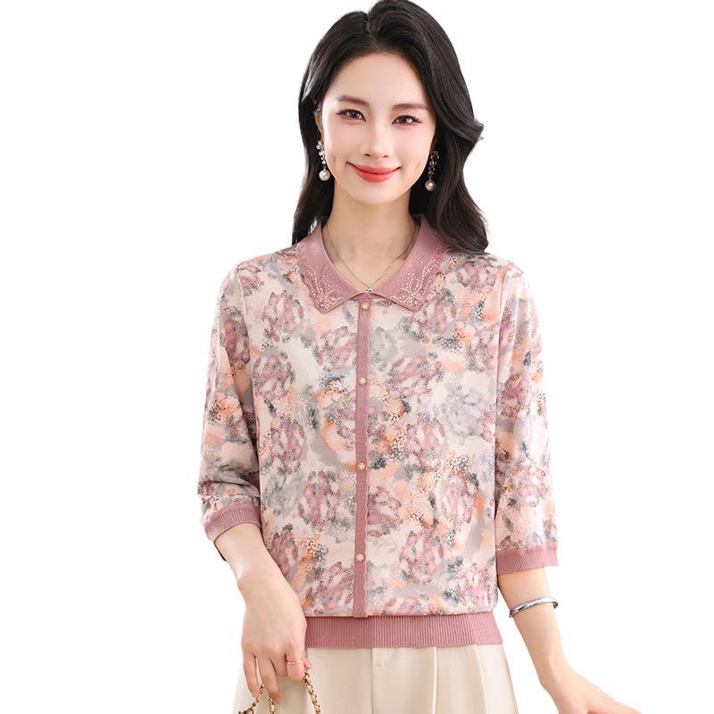 2026 Spring/Summer Tencel Floral Lapel 3/4-Sleeve Ice Silk Top for Mothers
