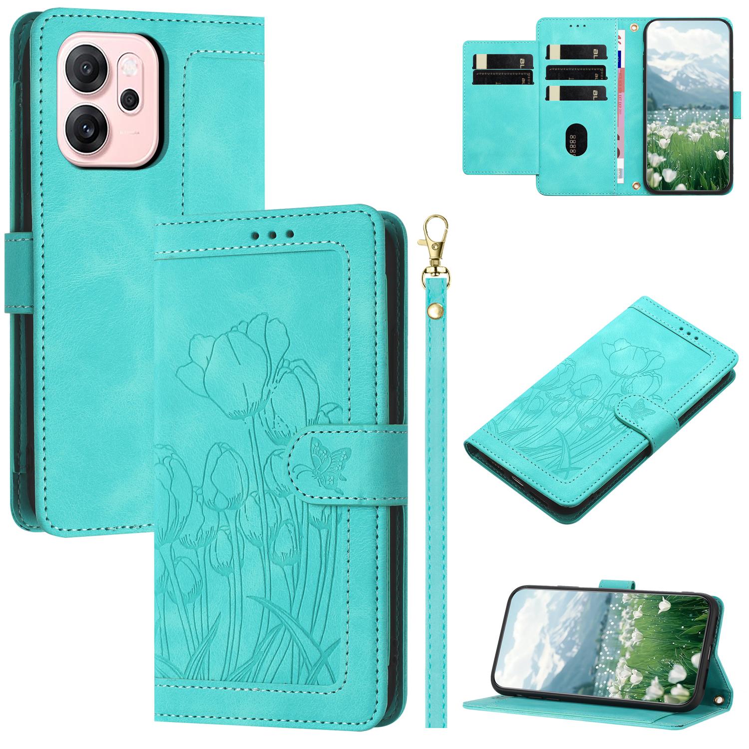 

For Oppo Reno14 F 5G Case Tulip Leather Phone Cover with 5 Card Slots Wallet Green