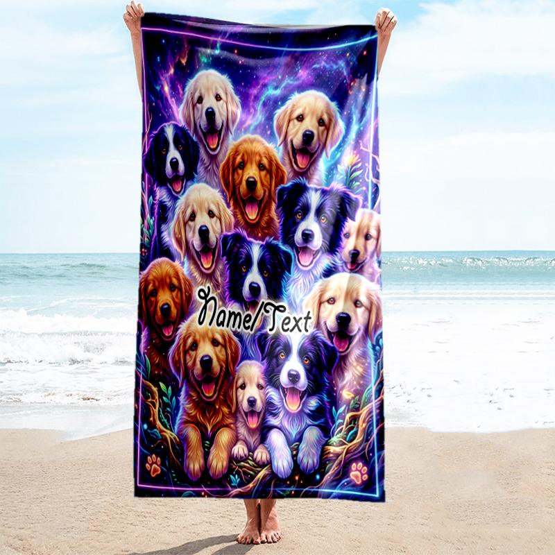 1PC Custom Name Dogs Fantasy World Beach Towel Highly Absorbent And Sand-Resistant Towel for Swimming, Pool, Yoga, And Travel Lightweight