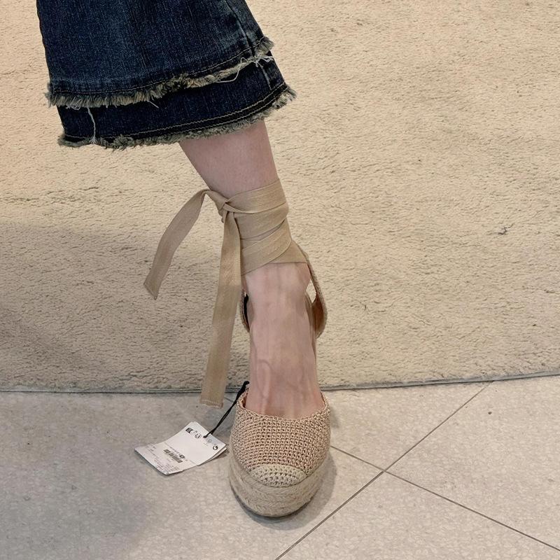 2025 New Design Woven Wedge Heel Fisherman'S Sandals For Women, Summer Retro Cross-Laced Thick-Soled Toe Cap Roman Shoes