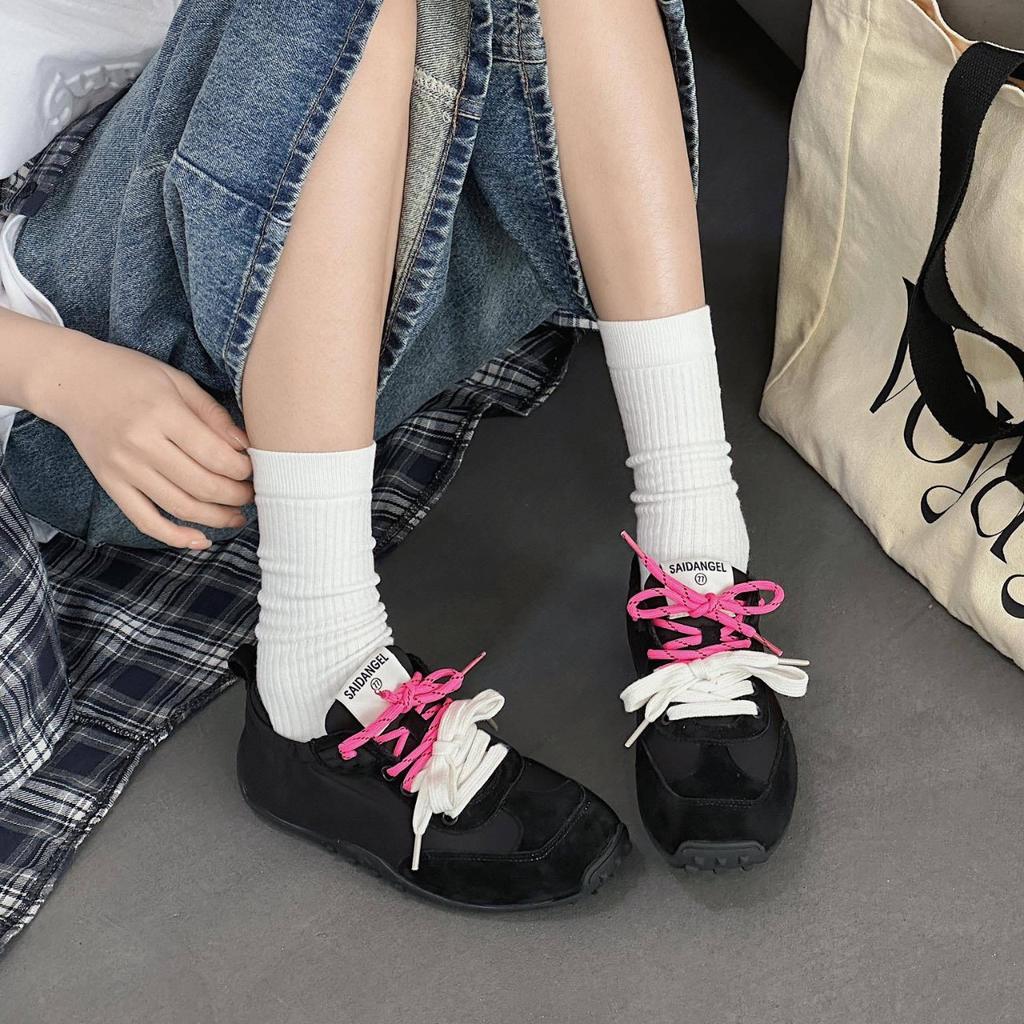European Station 2025 Classic Color Matching Lace-up Flat-bottomed Fashion Training Shoes Ins Leather Versatile Casual Sports Shoes