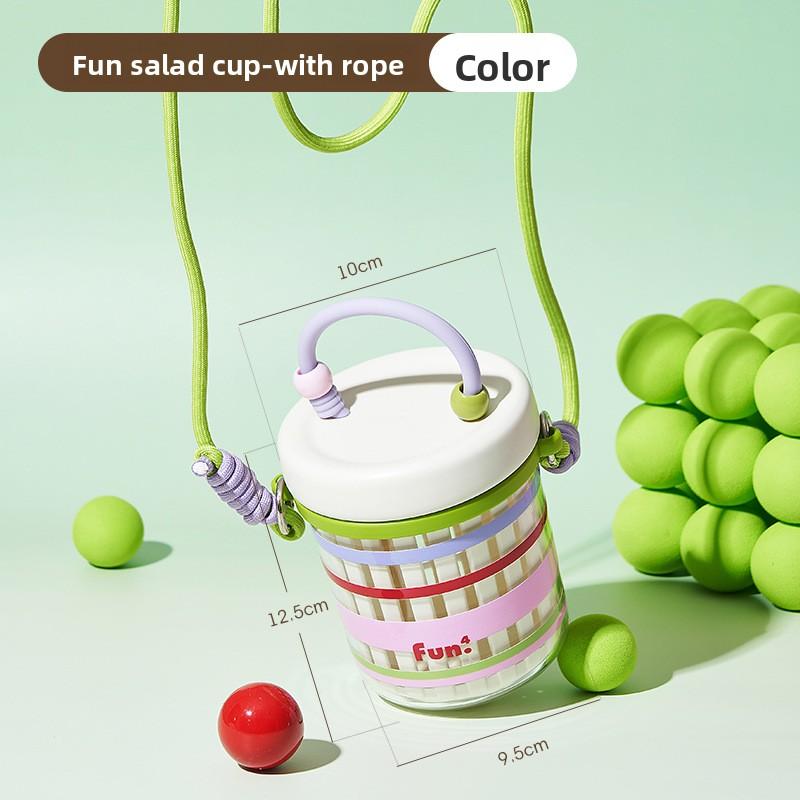 Portable Fruit Cup with A Back Rope and Fork, Large-capacity Salad Cup for Primary School Students