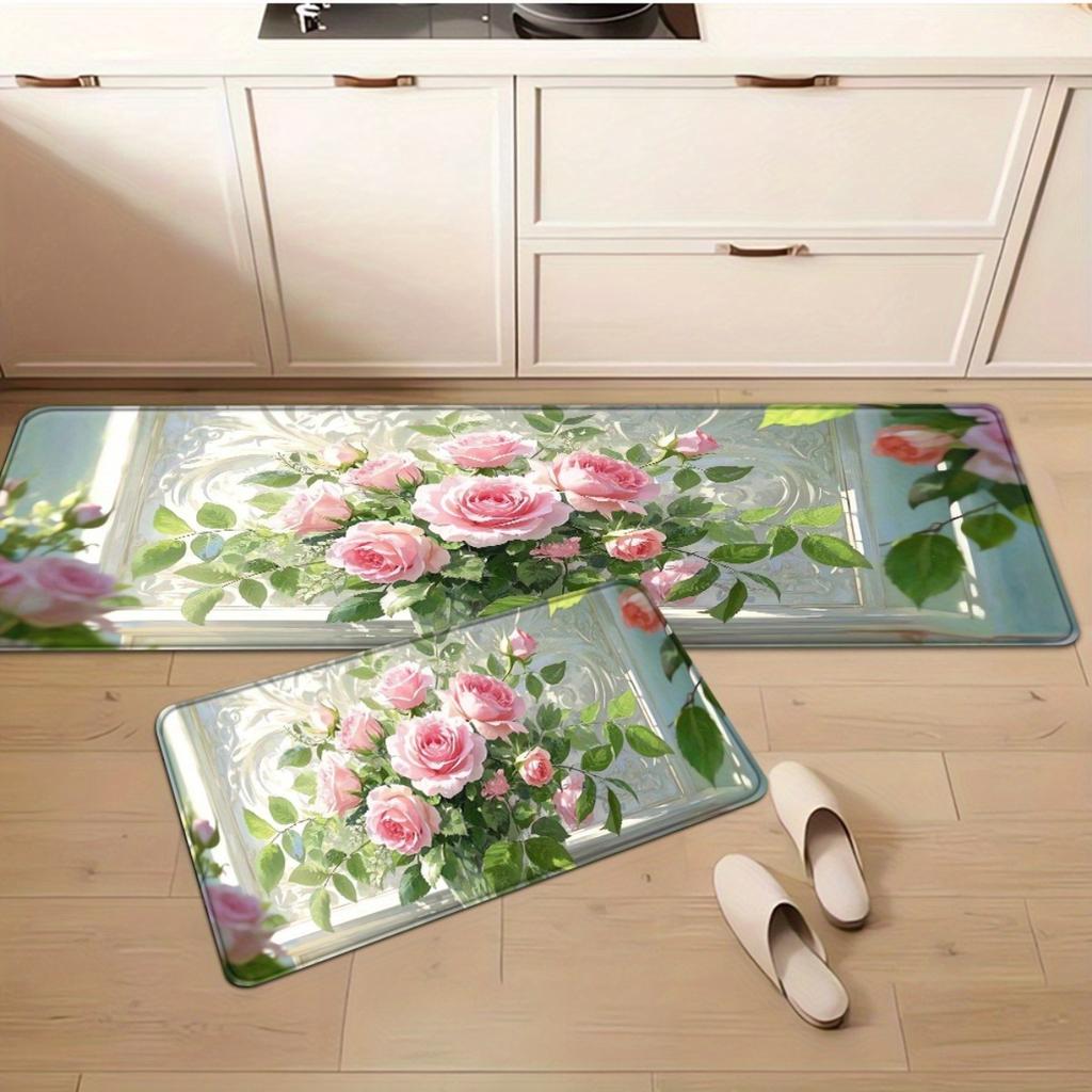 1 Stück Anti-Ermüdungs-Küchenteppiche, Schöne Rose Wasserdicht Rutschfest Dick Gepolsterte Küchenmatte Schwerlast Komfort Stehmatte für Küche