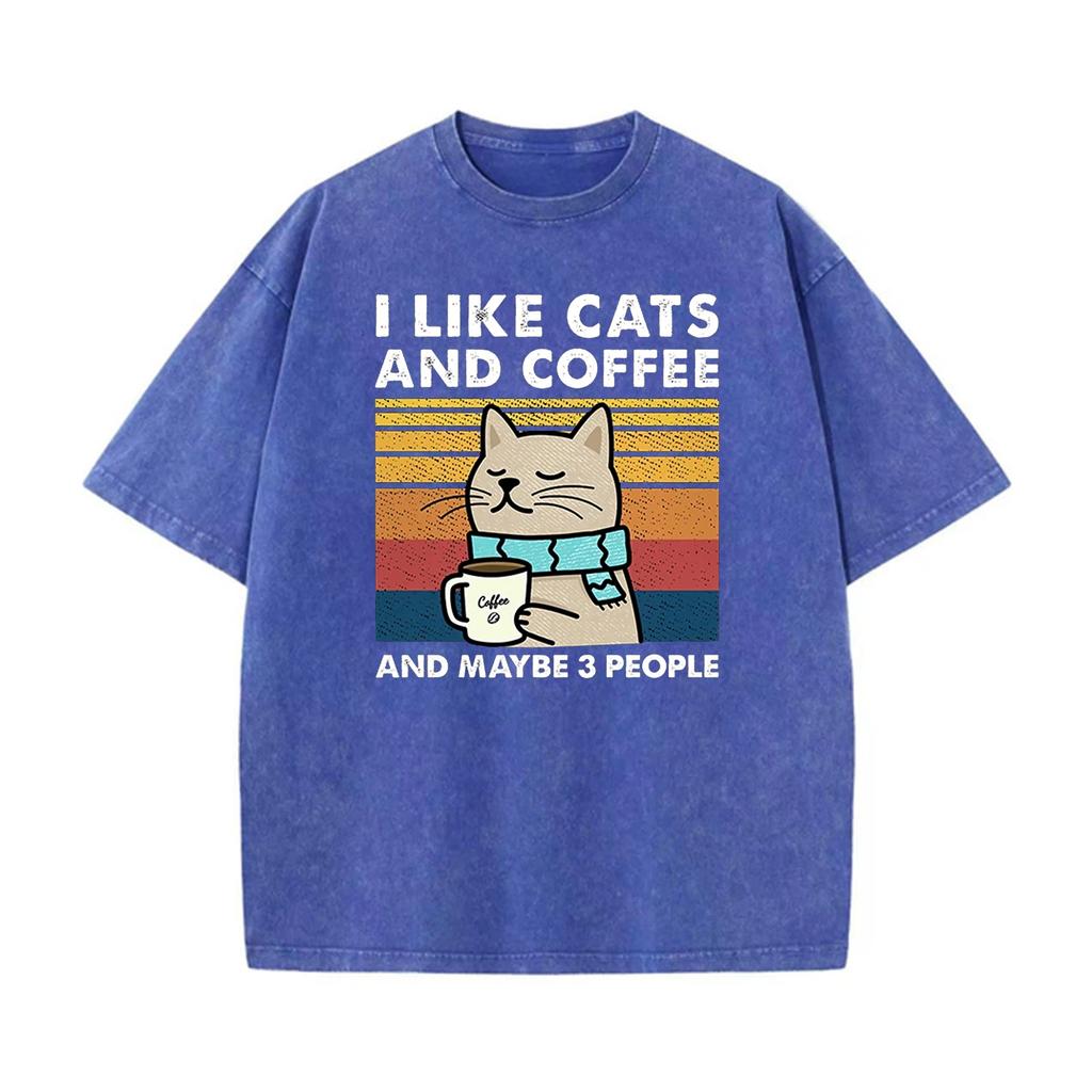 Unisex Cotton T-Shirt - I Love Cats Coffee Graphic Print Oversized Streetwear Hip Hop T-Shirt for Men Women Couple Matching
