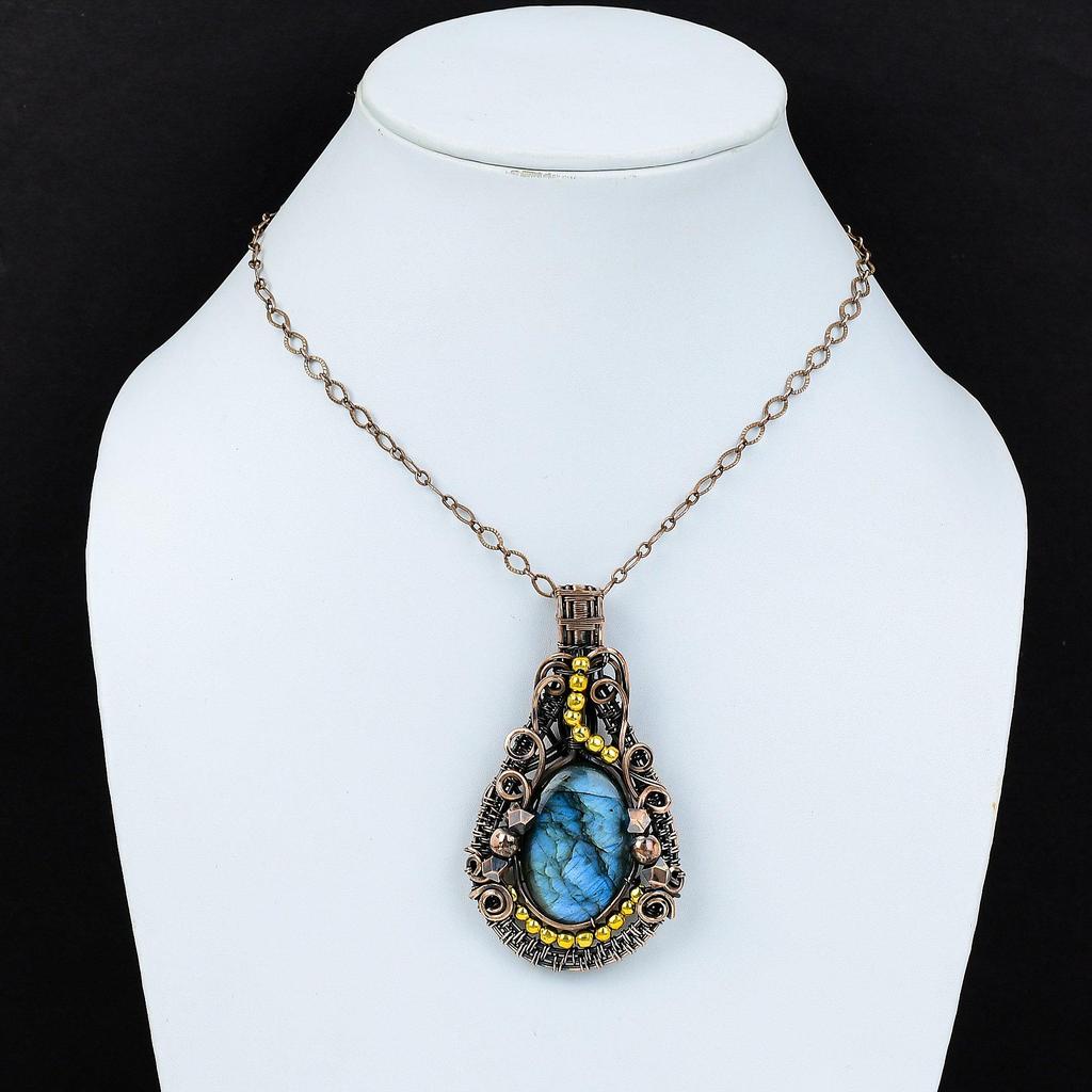 Labradorit Anhänger, Handgefertigter Edelstein 999 Kupferdraht Gewickelter Anhänger Antikschmuck, Als Geschenk Silberschmuck