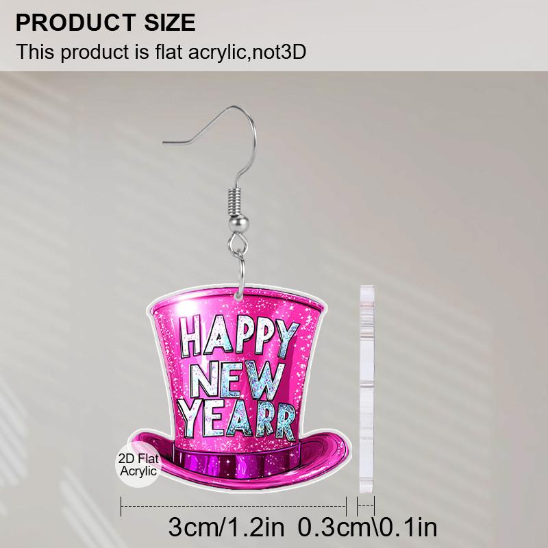2D Flat Happy New Year Bowler Hat Dangle Earrings, Lightweight Acrylic Material, Ideal for Party Gifts, Jewelry, and New Year Gifts.