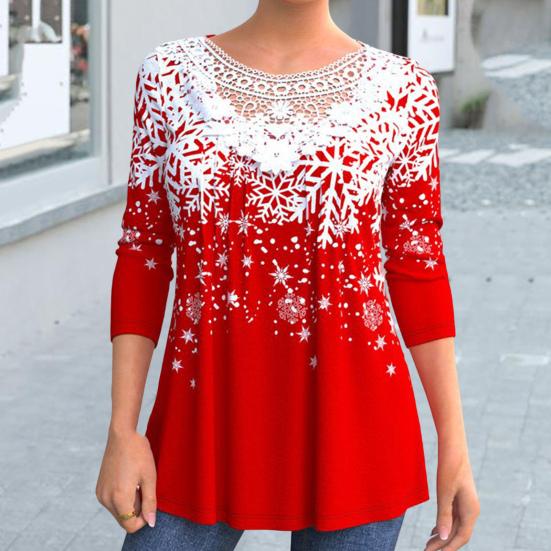 O-Neck Long Sleeves Lace Stitching Christmas Top Women Snowflake Theme 3D Printed Blouse Streetwear